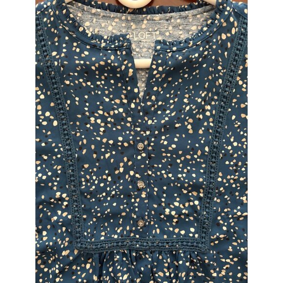 LOFT Blue Confetti Dot Long Sleeve Split Neck Smocked Casual Blouse Size XL - Picture 6 of 12